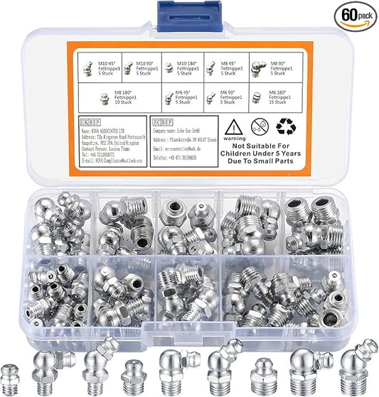 60 Pcs Metric Grease Fittings Kit, Hydraulic Grease Zerk Assortment Kit by MUZHUPGUZ