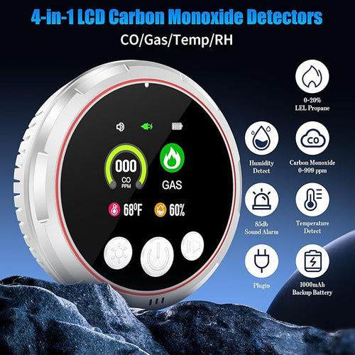 3 Pack 4-in-1 Carbon Monoxide Detectors &Natural Gas Leak Detector, Portable Carbon Monoxide Detectors Plug in & Battery Backup, HD Screen Display