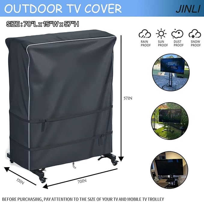 JINLI 70-75 inch outdoor TV trolley cover, courtyard TV cover, Oxford fabric waterproof and dustproof, triple windproof design, compatible with rolling/mobile stand
