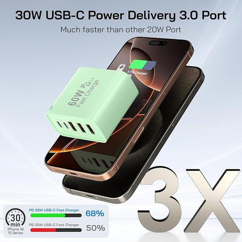 2Pack USB C Fast Charger Block, Total 60W 5-Port USB C Wall Charger 30W Type C Charging Block, 2USB C+3USB A PD 3.0 Multiport Charging Cube for iPhone 17 16 15 14 Pro Max, G-alaxy S25 S24 Ultra, i Pad