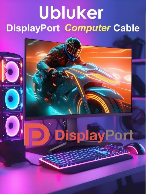 Ubluker 10K 8K DisplayPort 2.1 Cable 54Gbps 33 FT, Certified DP to DP Cord 4K 240Hz 165Hz 144Hz 120Hz 10K 8K 120Hz Nylon Braided UHBR HDCP2.3 FreeSync G-Sync RTX5090 Gaming Monitor PC Projector