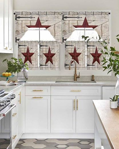 Village Stars Swag Kitchen Curtains Valance and Tier Set, Vintage Dark Red Star - Image 3