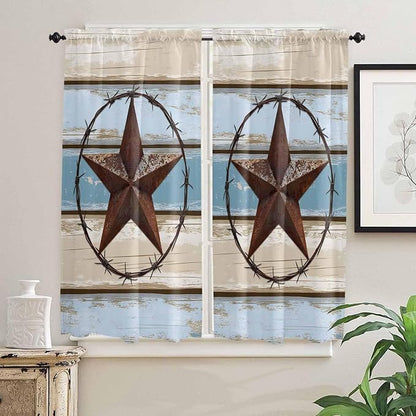 Vintage Western Star on Wood Grain Window Valance Curtains, Retro Wooden - Image 7