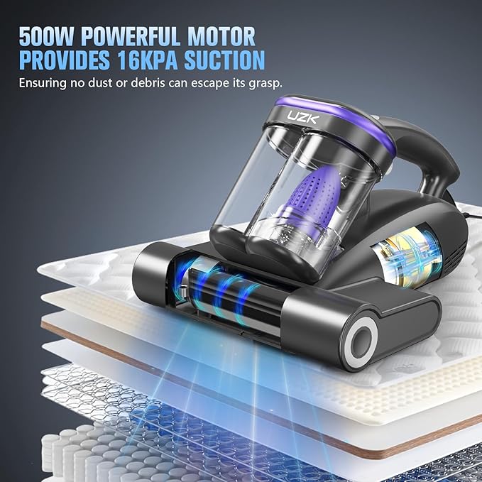 Bed Vacuum Cleaner Mattress Vacuum Cleaner,16Kpa Powerful Handheld Vacuums with UV-C Light & Double Dust Cup & High Heating & Ultrasonic & Anion for Bed Sofa