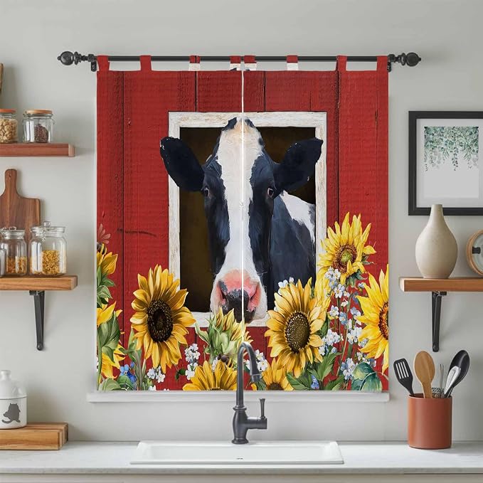 Cow Sunflowers Bathroom Curtains 63 Inch Length, Window Curtains Tab Top - Image 3