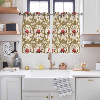 2 Panel Kitchen Cafe Curtains, Camels Palm Trees Sunlight Filtering Nature Air - Image 2