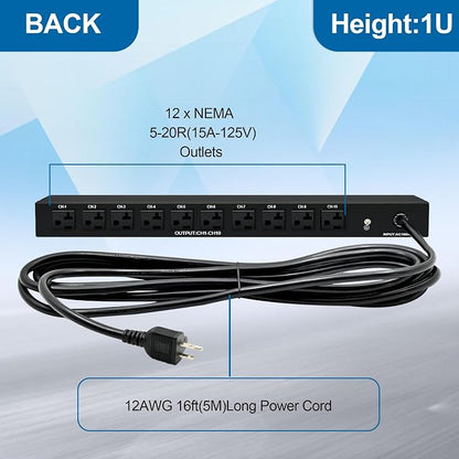 1U PDU Network Servers Surge Protector Power Distribution Unit 12-Outlet - Image 3