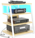 Besiost AV Media Stand with Outlets, Media Console with LED Lights, Stereo Racks and Stands with Storage Shelves, Media Audio Tower Cabinet, Natural Oak and White