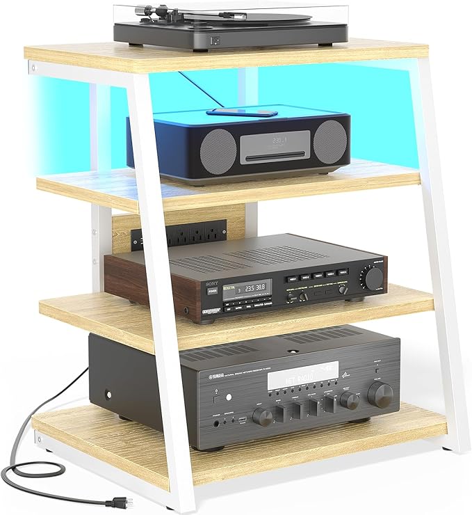 Besiost AV Media Stand with Outlets, Media Console with LED Lights, Stereo Racks and Stands with Storage Shelves, Media Audio Tower Cabinet, Natural Oak and White