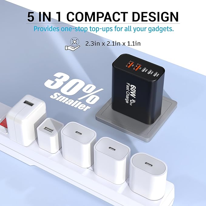 USB C Charger Block, 2-Pack 60W 5 Ports USBC Wall Charger Plug Fast Charging, iPhone Charger QC Multiport PD Adapter Chargers, Type C Box Brick Cube for iPhone 17 16 15 14 13 Pro Max, Samsung