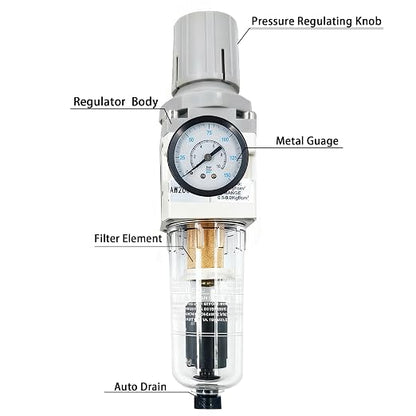 XingNEeng 1/4" NPT Compressed Air Filter Regulator Combo Piggyback, Water/Oil - Image 2