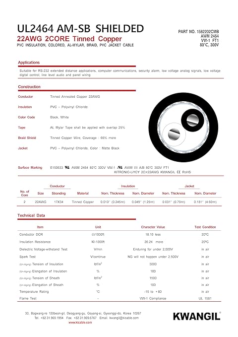KWANGIL 2C 22AWG AMSB Shielded Cable Wire (UL2464) - Highly Flexible Str TC, PVC Ins, OS+TC BRD, PVC JKT for CNC Machine, Stepper Motor, VFD Spindle (Matte Black 25FT)