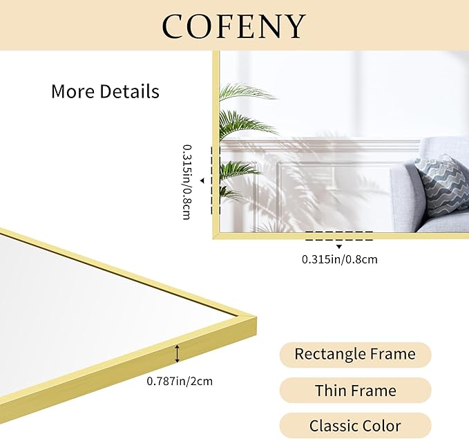 36x72inch Bathroom Mirror, Gold Rectangle Mirror with Thin Metal Frame, Large Rectangular Wall Mirrors for Bathroom, Living Roomm, Hair Salon, Big Farmehouse Mirror Hang Horizontal/Vertical