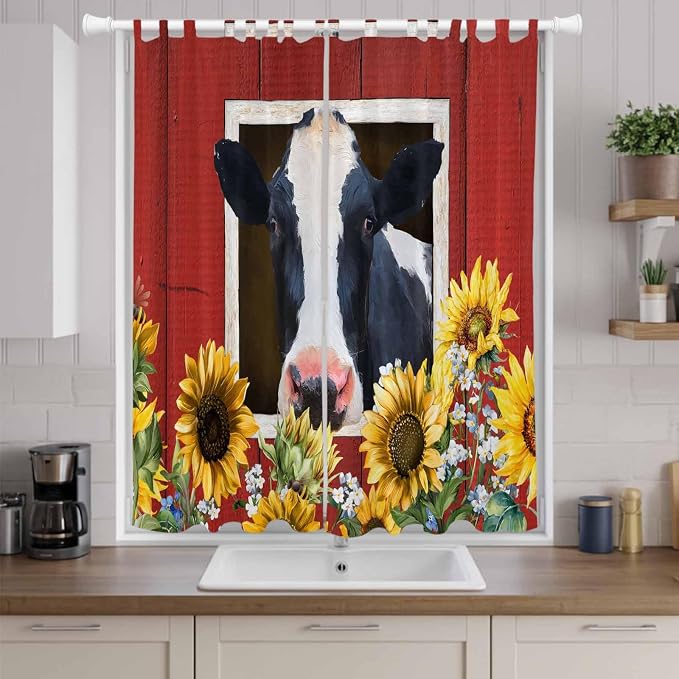 Cow Sunflowers Living Room Curtains 96 Inch Length, Window Curtains Tab Top - Image 9