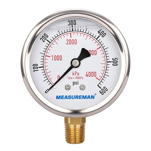 MEASUREMAN 2-1/2inch Dial Size, Oil Filled Pressure Gauge, 0-600psi/4000kpa by MEASUREMAN
