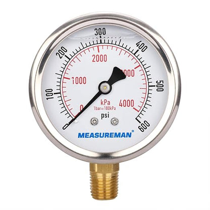 MEASUREMAN 2-1/2inch Dial Size, Oil Filled Pressure Gauge, 0-600psi/4000kpa by MEASUREMAN