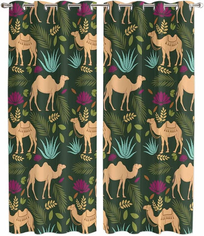 2 Panel Kitchen Cafe Curtains, Retro Desert Camel Sunlight Filtering Nature Air by Hokiten