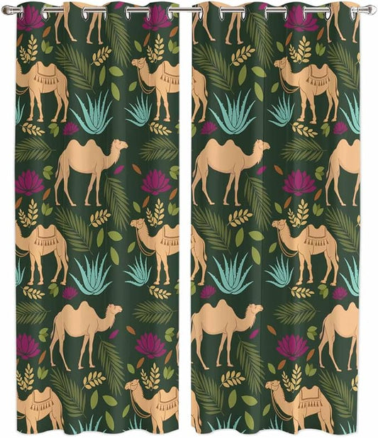 2 Panel Kitchen Cafe Curtains, Retro Desert Camel Sunlight Filtering Nature Air by Hokiten