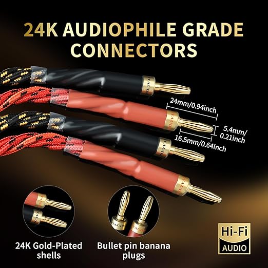 12 AWG 2Pack Audiophile Speaker Cable – Speaker Wire with Banana Plugs,4N OFC Core,Nylon Braid,Audio Wire,Compatible with Amplifier,Speakers,AV Receiver& Home Theater（8.2ft/2.5m）