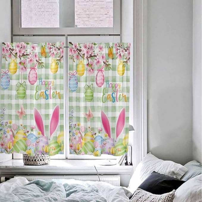 Happy Easter Kitchen Curtains 45 Inches length, Spring Bunny Eggs Flower Sage - Image 5