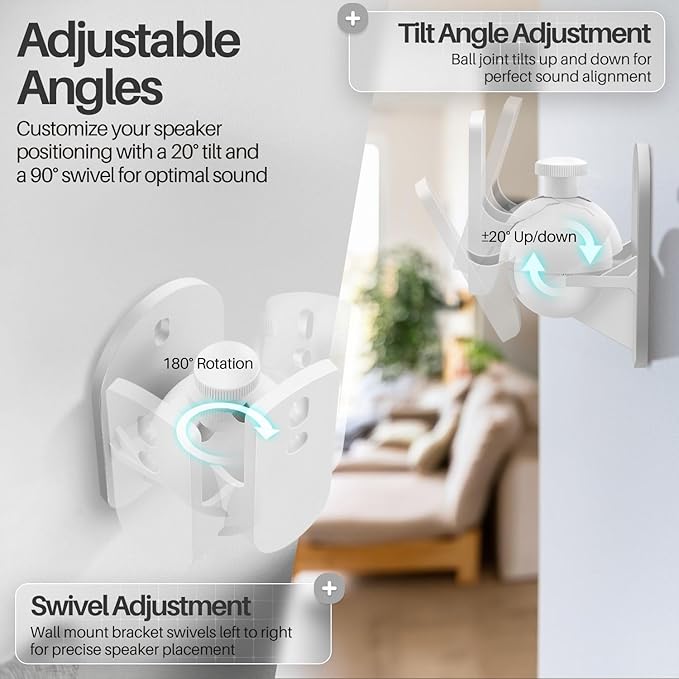 TNP Universal Satellite Speaker Wall Mount Bracket Ceiling Mount Clamp with Adjustable Swivel and Tilt Angle Rotation For Home Theater Surround Sound System Satellite Speakers - 1 Pair Set of 2, White