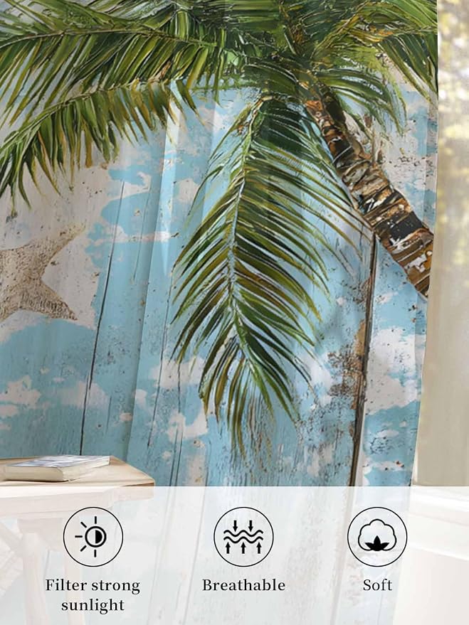 Sheer Curtains 45 Inch Length, Coastal Beach Blue Semi Sheer Curtains Light - Image 6