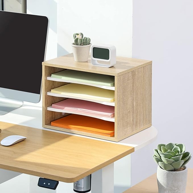 FITUEYES Wood Desk Paper Sorter Organizer with 4-Tier Storage, Desktop Paper File Holder Letter Tray for Home and Office, Light Wood, DO403506WO