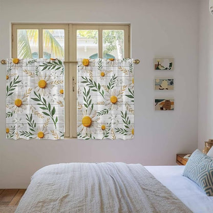 Spring Daisy Kitchen Curtains, Farmhouse Country Flower Leaf Plant Wood Grain - Image 4
