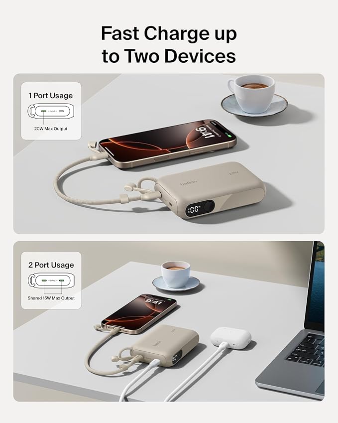 Belkin Portable Charger, Slim USB-C Power Bank 10,000mAh w/ 2 USB-C Ports, Digital Battery Display, 20W Charging Battery Pack - iPhone 17, Air, Pro, Samsung Galaxy S25, Pixel 10, iPad, & More - Sand