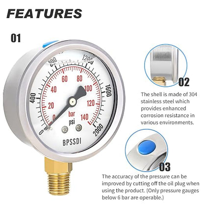 0-2000 Psi Glycerin Liquid Filled Hydraulic High Pressure Gauge, 2.5" Dial Size - Image 4