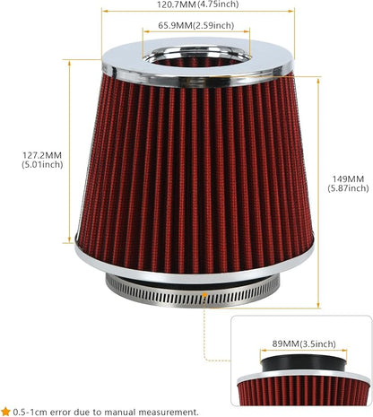 PTNHZ Universal Red 3.5" 89mm High Flow Cold Air Intake Cone Air Filter Power - Image 4