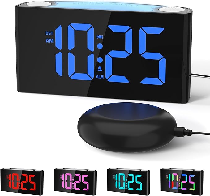 Mesqool Wake Up on Time: Vibrating Alarm Clock with Bed Shaker, Loud Sound & Color Display – USB Charging, 8-Color Light, Battery Backup – Great for Heavy Sleepers, Seniors & Hearing Impaired