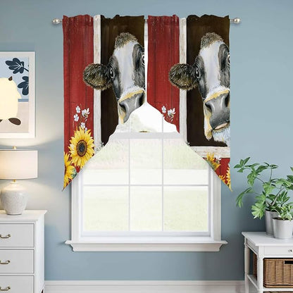 Cows Sunflowers Swag Valances for Windows, Rustic Farms Barns Flowers Bees - Image 6