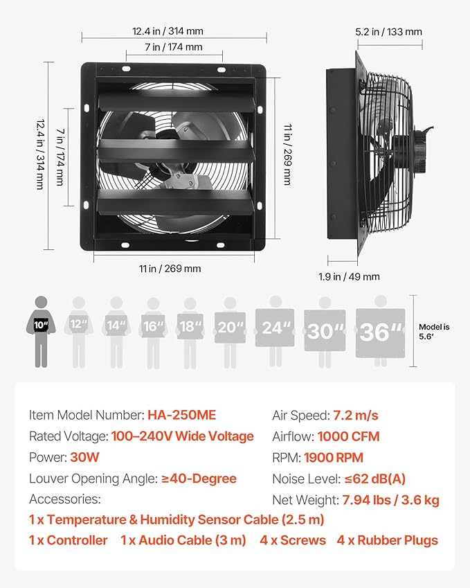 VEVOR 10 inch Shutter Exhaust Fan, Wall Mounted Attic Vent Fan with Smart Programming Variable Speed Temperature Control, 1000 CFM,EC Motor,Timer, for Shed,Garage,Greenhouse Ventilation Cooling,Black