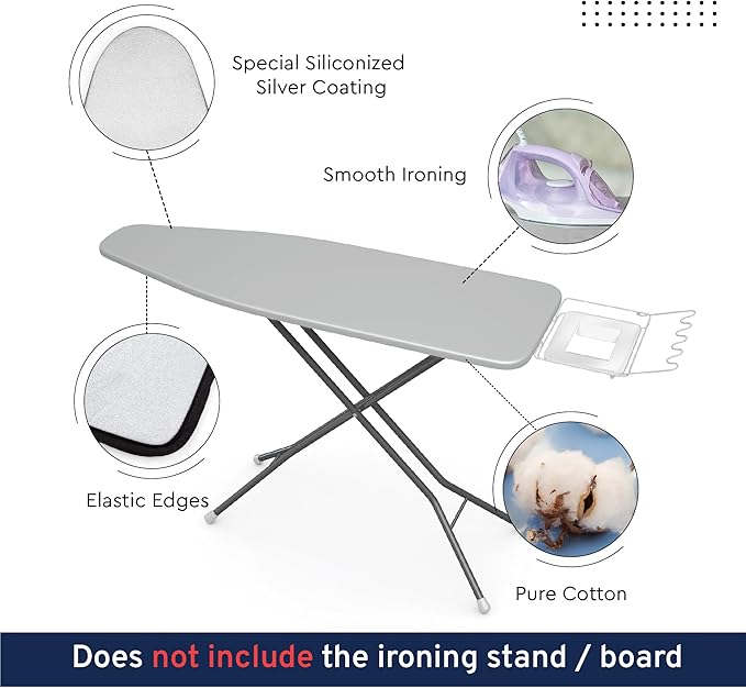 Encasa XO Ironing Board Cover And Pad 42"x14" - 4mm Felt & 2mm foam Metallized Silver iron Board Cover With Padding - Heat & Scorch Resistant, Non Slip, Bungee Elasticated, 3 Fasteners Silver Luxury