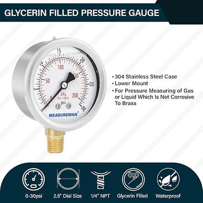 MEASUREMAN 2-1/2inch Dial Size, Oil Filled Pressure Gauge, 0-30psi/kpa - Image 2