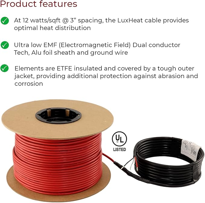 LuxHeat 140sqft Floor Heating Cable Kit - 240v Infloor Heat System - Heated Flooring System Includes UDG4 Programmable Thermostat w/GFCI, Heating Cable, Strapping, Floor Sensor & Alarm