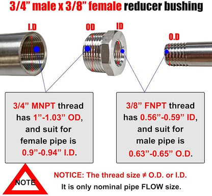 3/4" Male to 3/8" Female NPT Hex Bushing Reducer, 304 Stainless Steel NPT - Image 2