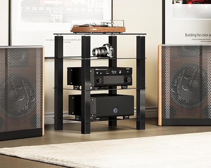 FITUEYES 4-Tier Media Stand Audio/Video Component Cabinet with Glass Shelf for/Apple Tv/Xbox One/ps4 AS406002GB