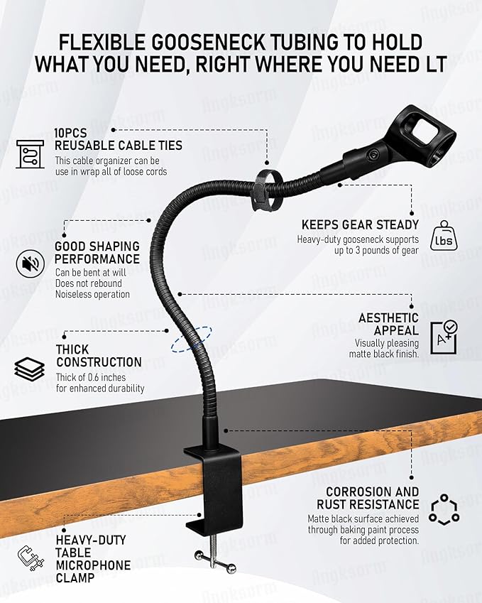 13-INCHS Flexible Gooseneck Microphone Stand with Heavy Duty Desk Clamp for Podcast, Meetings, Lectures, Radio Broadcasting Studio, Live Broadcast Equipment, TV Stations