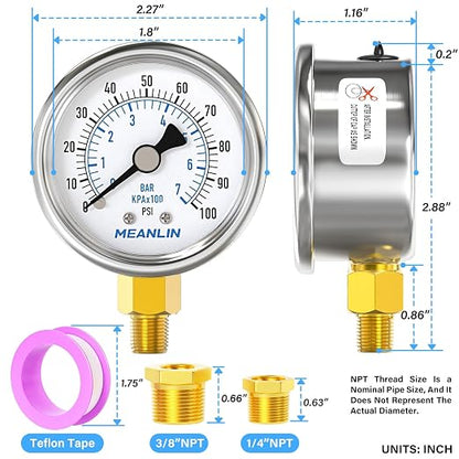 MEANLIN MEASURE 0~100Psi Dry Pressure Gauge Stainless Steel 1/8" NPT 2" FACE - Image 2