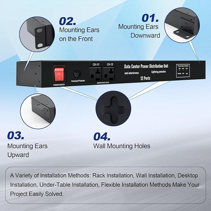 1U PDU Network Servers Surge Protector Power Distribution Unit 12-Outlet - Image 4
