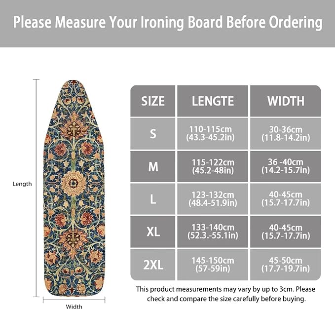 ZCFYGDX Vintage Flower Print 15 x 48 Ironing Board Covers Nylon Buckle Straps Fasteners & Elastic Edge Stain Resistant Breathable,Suitable for Multi-Size Iron Board Relaxing Ironing Experience