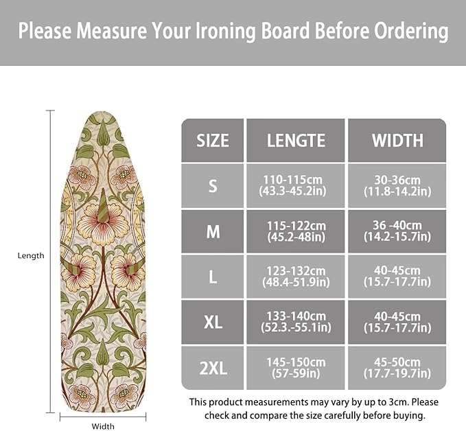 ZCFYGDX William Morris Art Ironing Board Covers,Stain Resistant & Anti-Scorch Elastic Edges Nylon Buckle Straps Hook & Loop Fastener Strap,Easy Install of Protective Decorative Cover 17x49 Inch