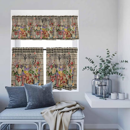 Spring Flowers Kitchen Curtain Set, Farmhouse Vintage Black Plaid Wood Grain - Image 8