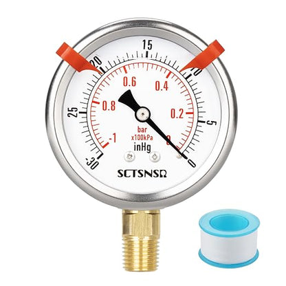 -30 inHg to 0 Vacuum Pressure Gauge, Glycerin Liquid Filled, 2.5 inch Dial by SCTSNSR