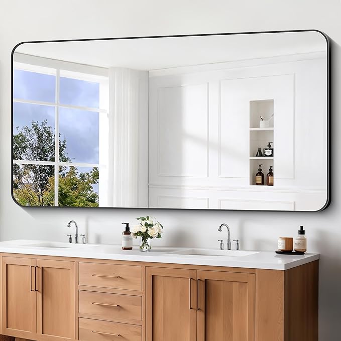 Large Bathroom Mirror 72x36 inch, Black Rectangle Mirrors with Metal Frame, Rounded Corner Rectangular Mirror for Bathroom, Oversized Wall Mounted Mirror for Over Sinks Living Room Bedroom