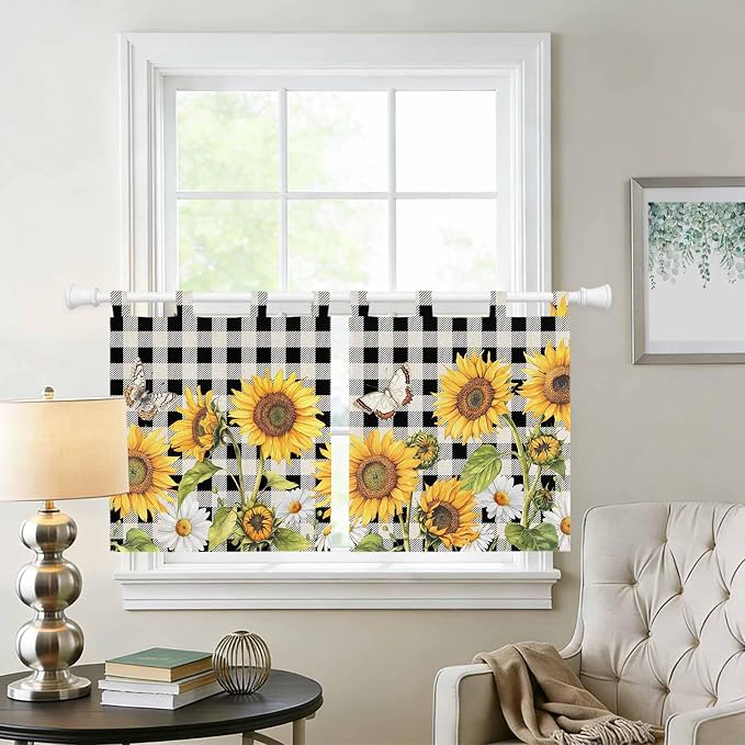 Sunflowers Kitchen Curtains 24 Inch Length, Small Window Curtains Tab Top - Image 2