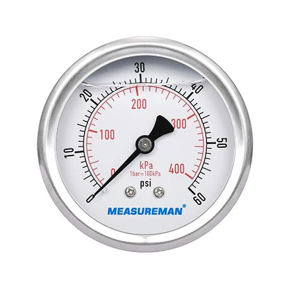 MEASUREMAN 2-1/2inch Dial Size, Liquid Filled Pressure Gauge, 0-60psi/400kpa by MEASUREMAN