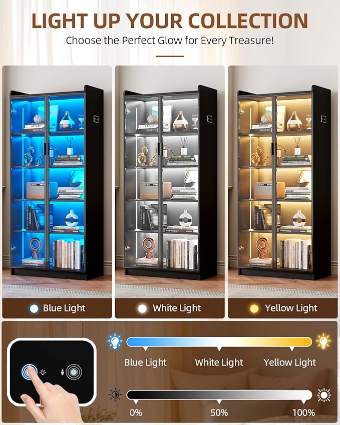 Dystler Display Cabinet with Glass Doors and Shelves, 65" Tall Curio Cabinet with LED Lights/Human Sensor, 5 Tier Display Case for Collectibles Bedroom Living Room Office, Black